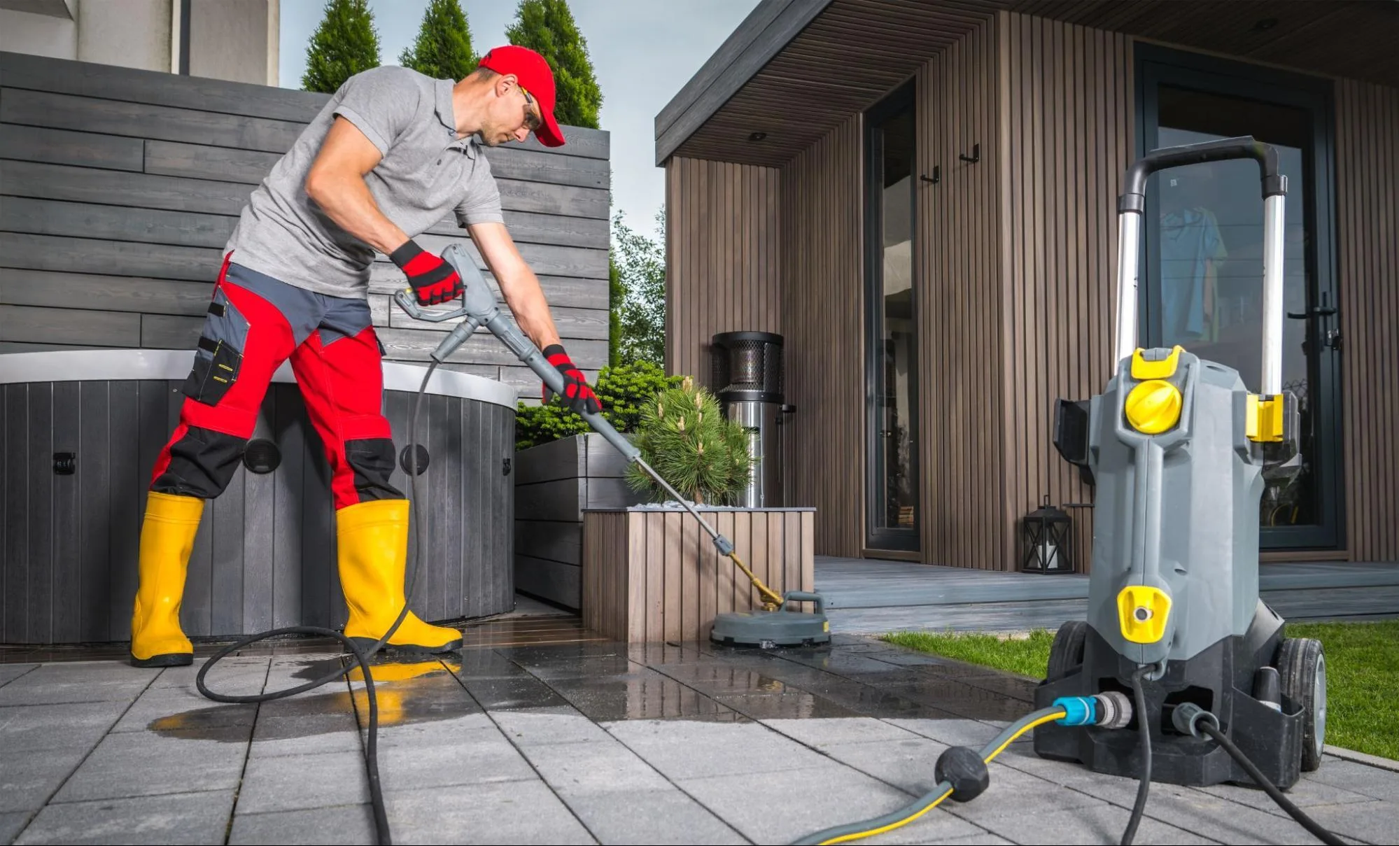 A pressure washer surface cleaner working on a path through a home garden.